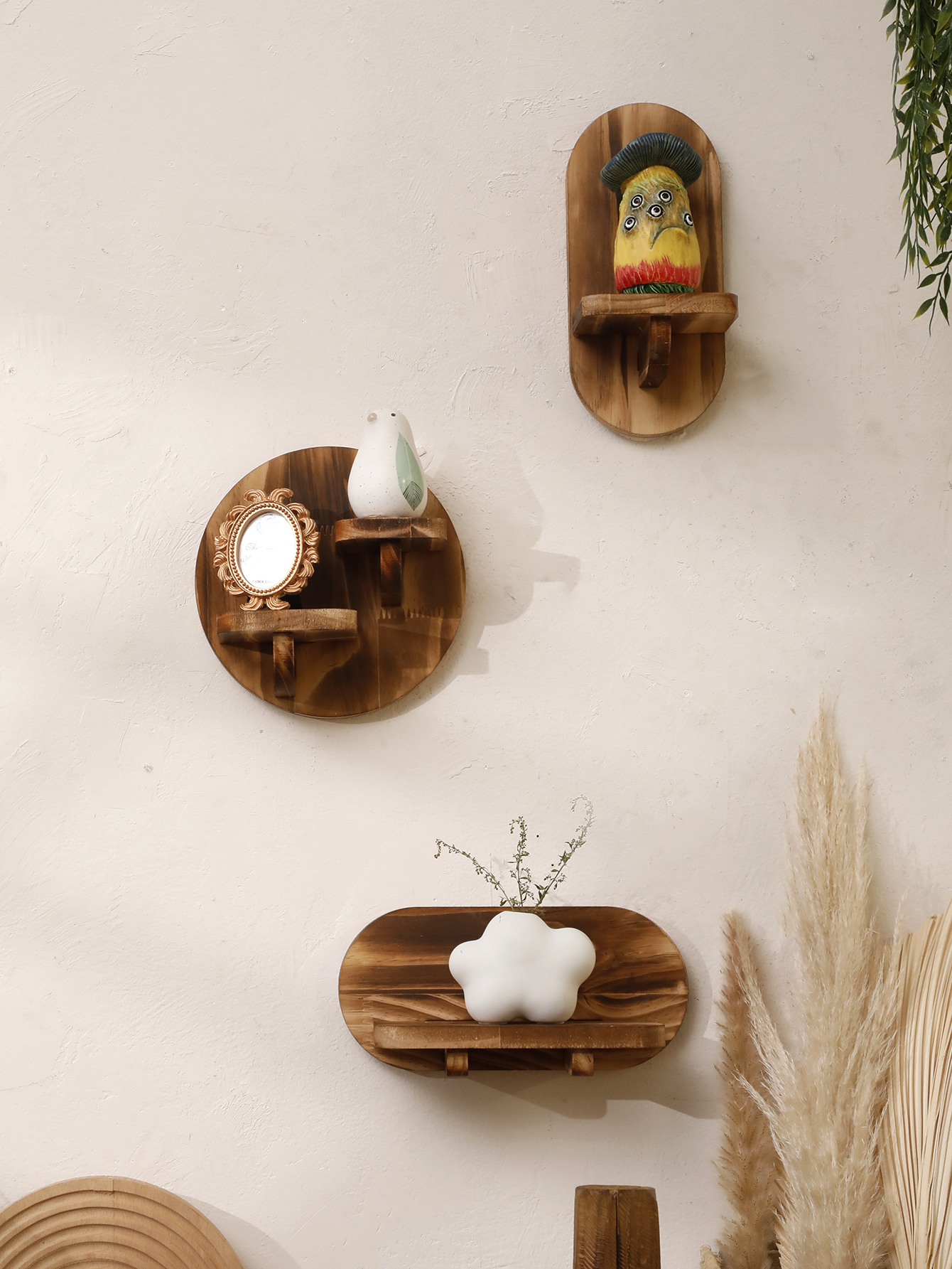 Home Bar Shelf - 1/2-tier Wooden Shelves Oval Charcoal Color